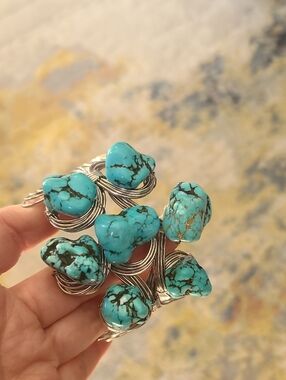 Turquoise Stone Wire-Wrapped Statement Bracelet - Blue Turquoise